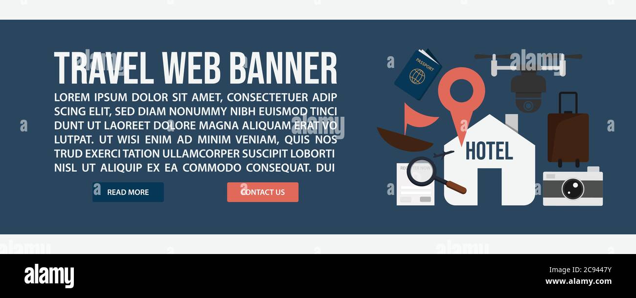 Design modello banner Web di viaggio. Design piatto stile banner web design vettoriale Illustrazione Vettoriale
