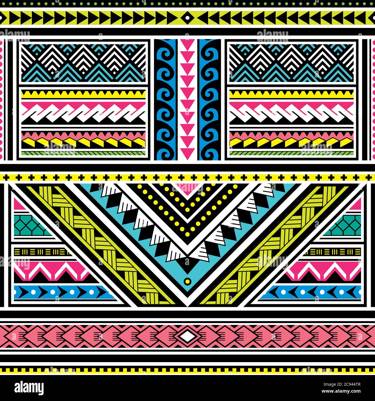 Tatuaggio polinesiano motivo colorato vettoriale senza giunture, design tribale hawaiano ispirato all'arte geometrica tradizionale delle isole sull'Oceano Pacifico Illustrazione Vettoriale