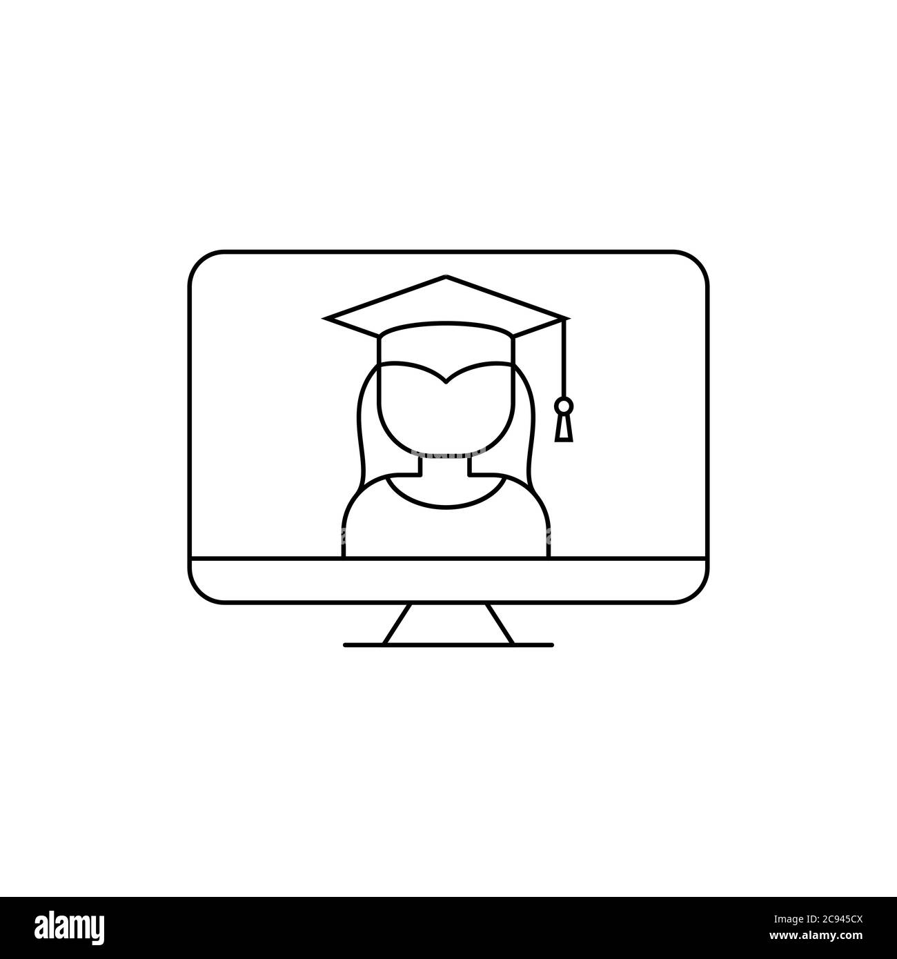 Studentessa su un'icona della linea dello schermo del PC. Formazione online, scuola domestica, concetto di e learning. Apprendimento a distanza con videochiamata. Vettore contorno nero Illustrazione Vettoriale