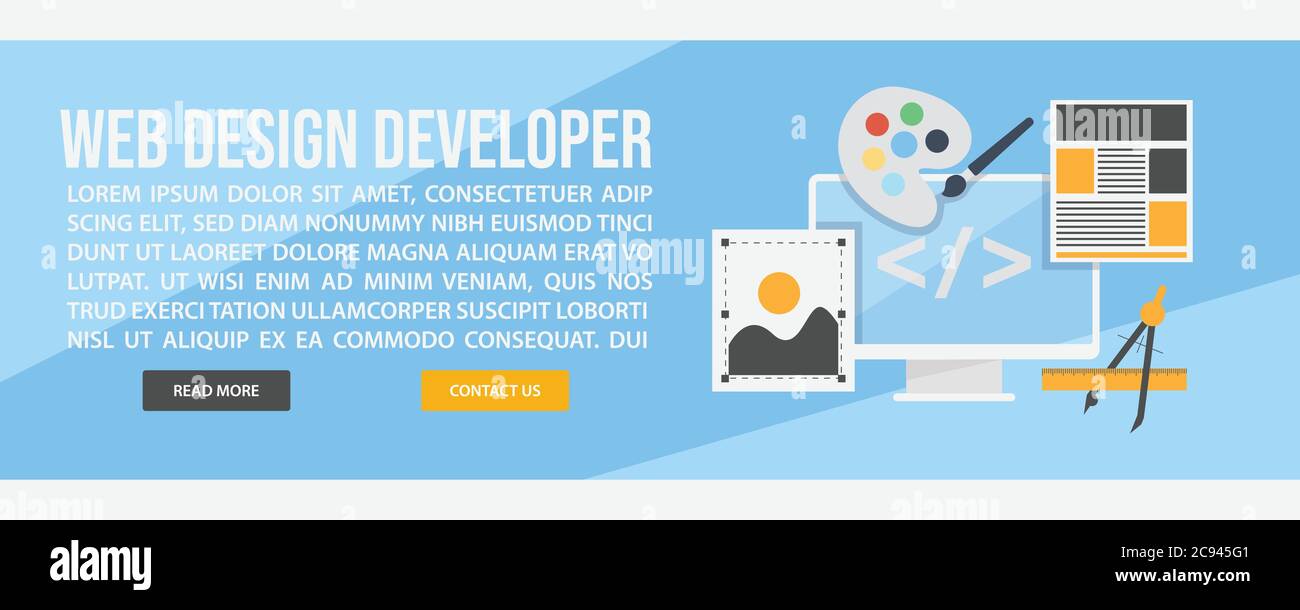 Modello di banner Web di progettazione e sviluppo. Disegno piatto disegno Web e sviluppo disegno vettoriale banner Illustrazione Vettoriale