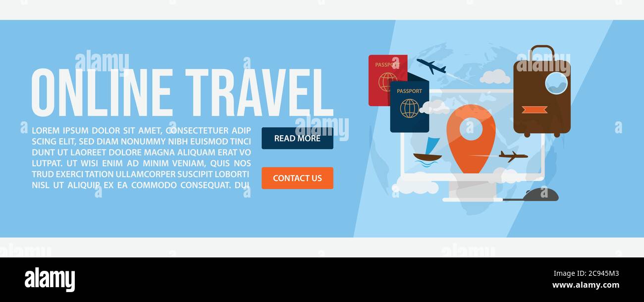Design modello banner web di viaggio online. Stile di disegno piatto disegno vettoriale di banner Web di viaggio online Illustrazione Vettoriale