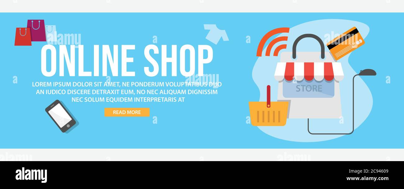 Online shopping web banner modello di design. Disegno piatto stile online banner web di shopping disegno vettoriale Illustrazione Vettoriale