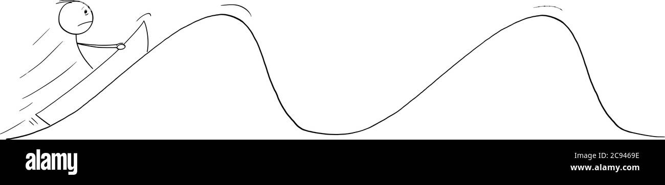 Disegno vettoriale di figura di bastone cartoon illustrazione concettuale di uomo o uomo d'affari che naviga, galleggianti o adrift su piccola barca su onde di tempesta o di oceano ruvido. Concetto di cicli di mercato, economia o crisi. Illustrazione Vettoriale