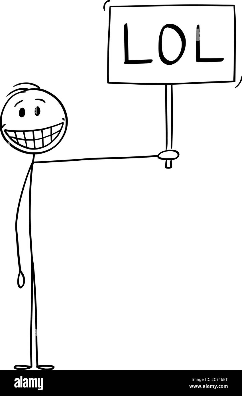 Grafico vettoriale cartoon disegno illustrazione concettuale di sorridente felice uomo mostrando emozioni positive e tenendo LOL segno. Ridendo ad alta voce in Internet Slang Communication. Illustrazione Vettoriale