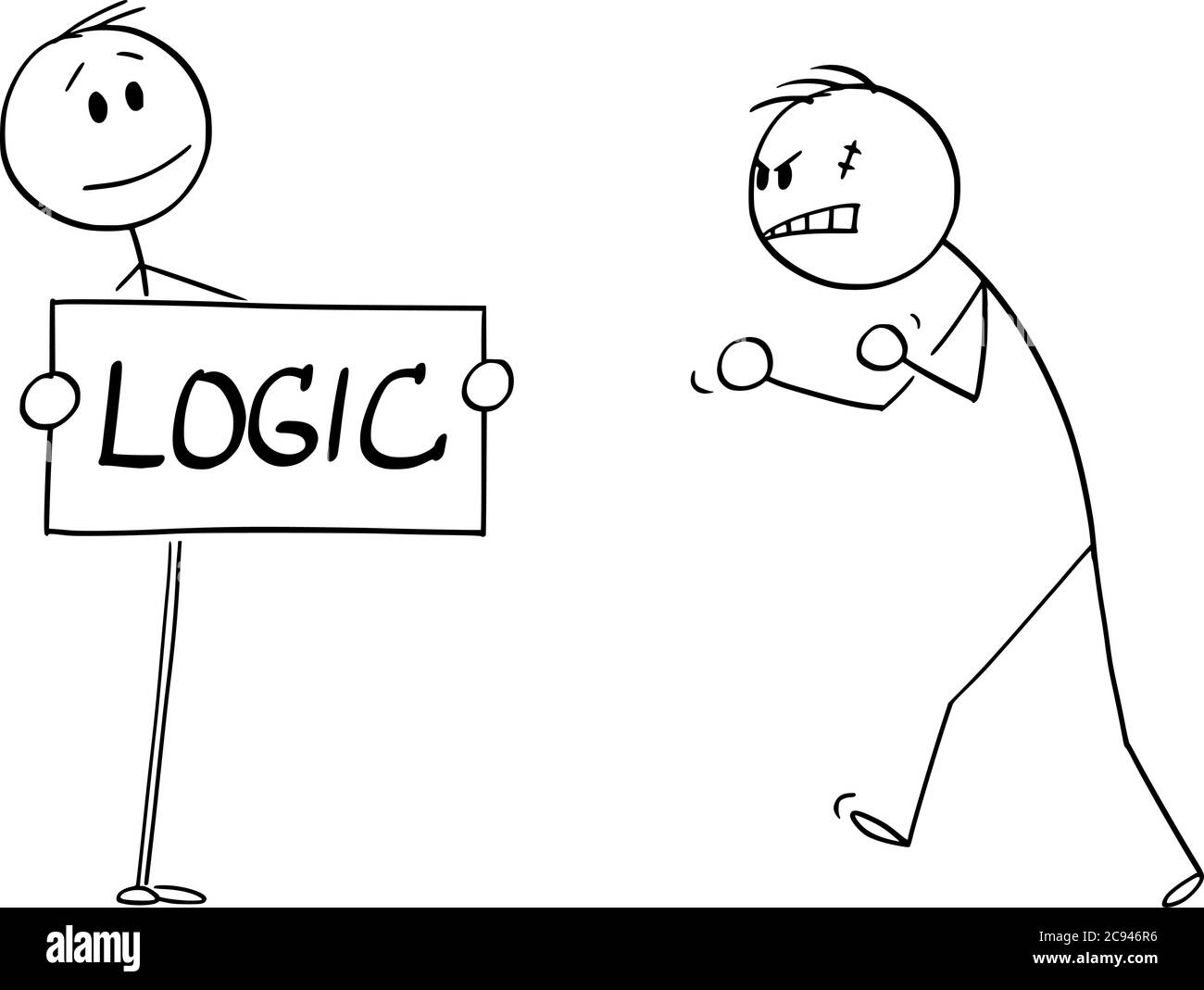 Figura del cartoon vettoriale disegno illustrazione concettuale di persona sicura che affronta l'uomo violento aggressivo arrabbiato con segno logico nelle mani. Illustrazione Vettoriale