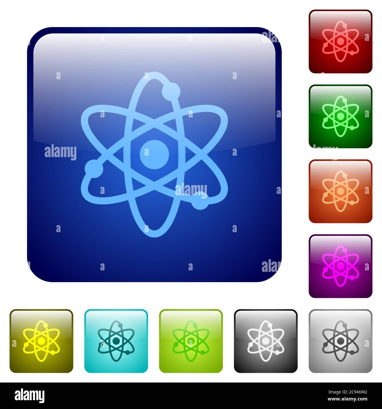 Icone Atom in un set di pulsanti lucidi di colore quadrato arrotondato Illustrazione Vettoriale
