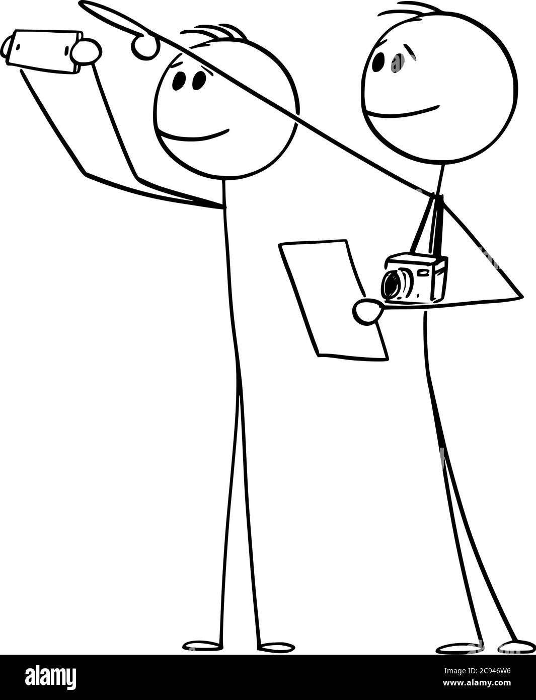 Cartoni animati vettoriali figura disegno illustrazione concettuale di due turisti con telecamere che puntano e guardando la vista storica o costruzione e la lettura su in opuscolo informativo, brochure o carta. Illustrazione Vettoriale