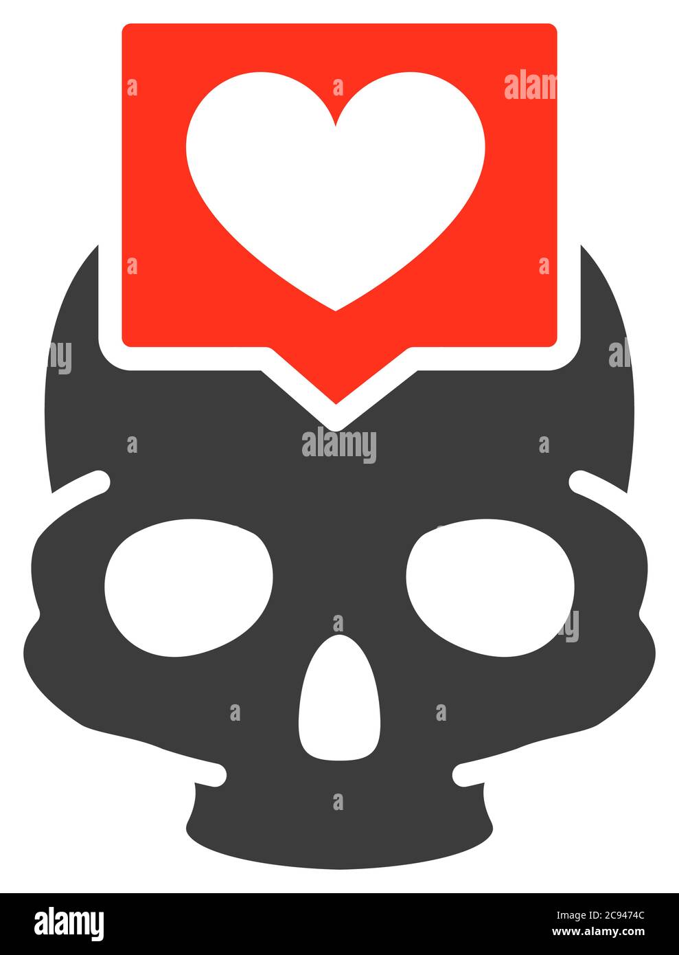 Cranio con cuore nell'icona colorata della bolla del parlato. Struttura ossea della testa, simbolo del cranio Illustrazione Vettoriale