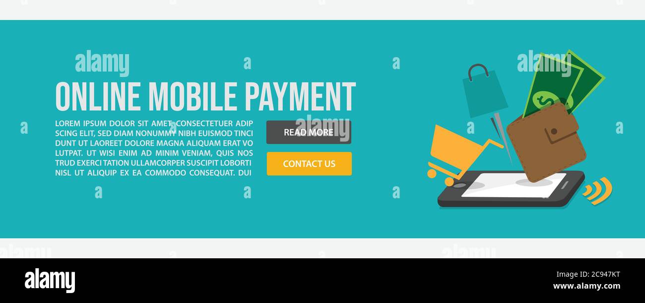 Modello di disegno banner Web per il pagamento mobile online. Disegno piatto stile mobile di pagamento banner web disegno vettoriale illustrazione Illustrazione Vettoriale