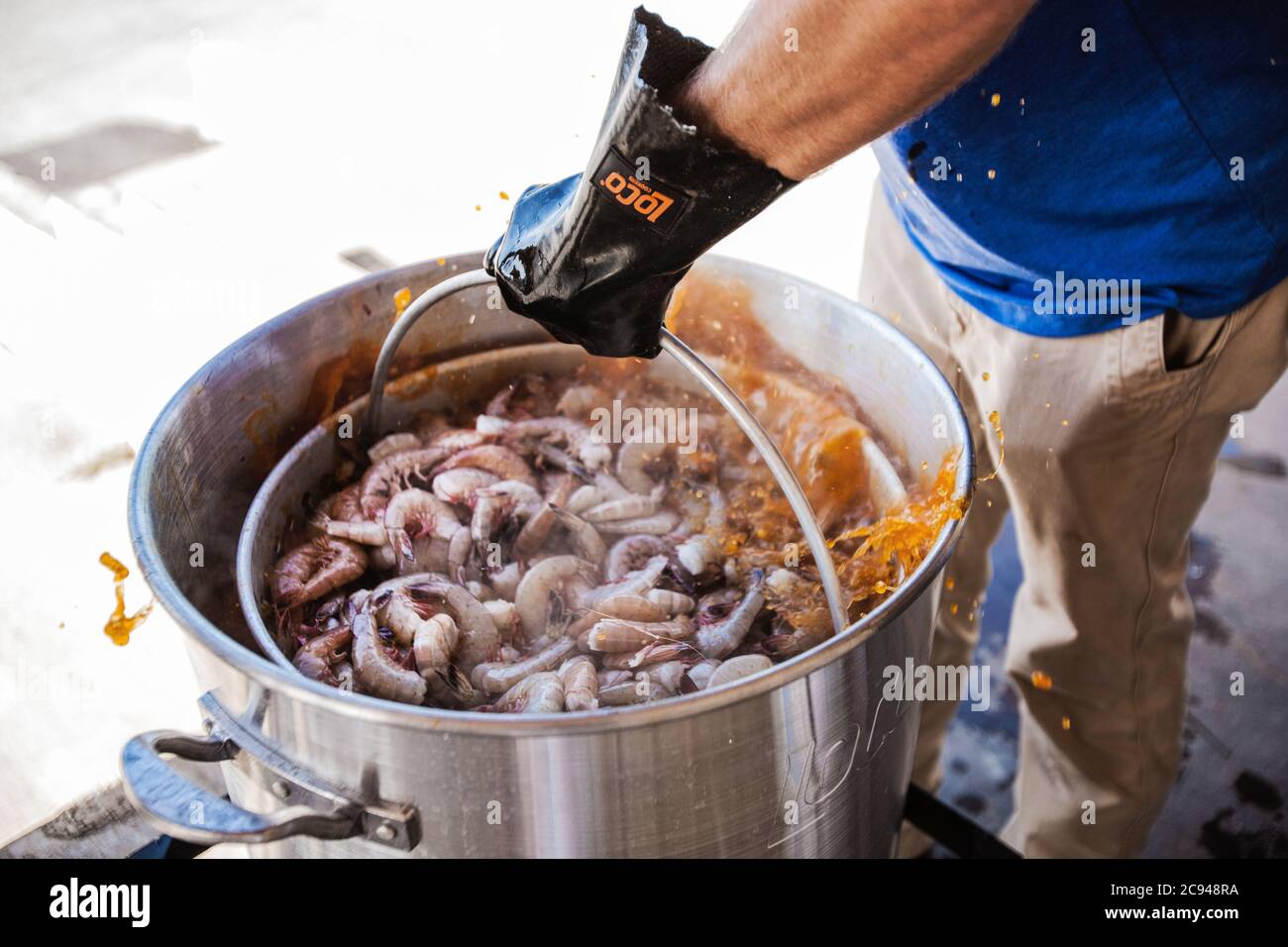 I gamberetti vengono abbassati in acqua bollente con condimento in preparazione di un bollire di gamberetti Foto Stock