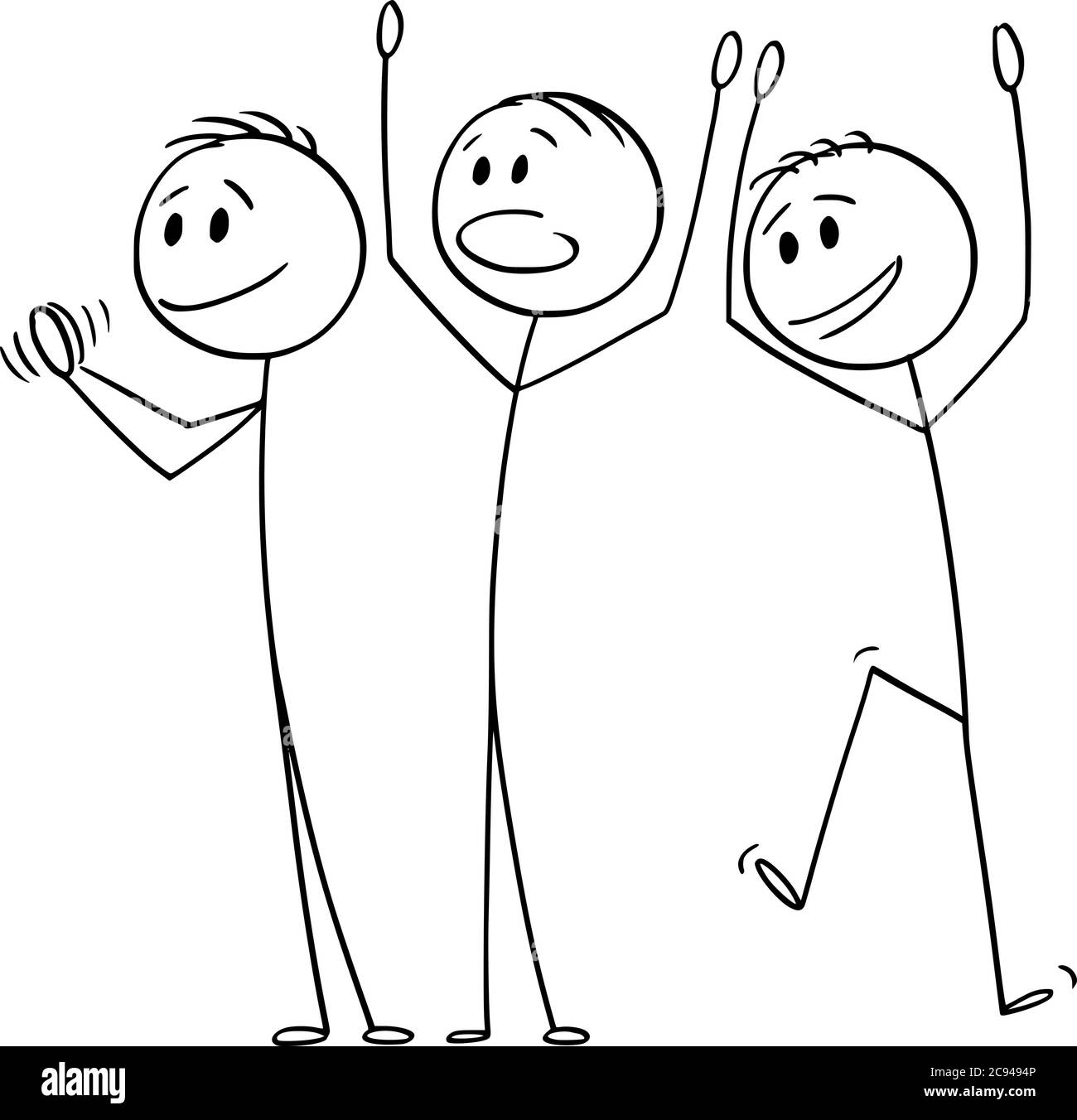 Figura del cartoon vettoriale disegno illustrazione concettuale di gruppo di tre uomini felici o uomini d'affari che celebrano il successo, applaudendo e aggrappando. Illustrazione Vettoriale