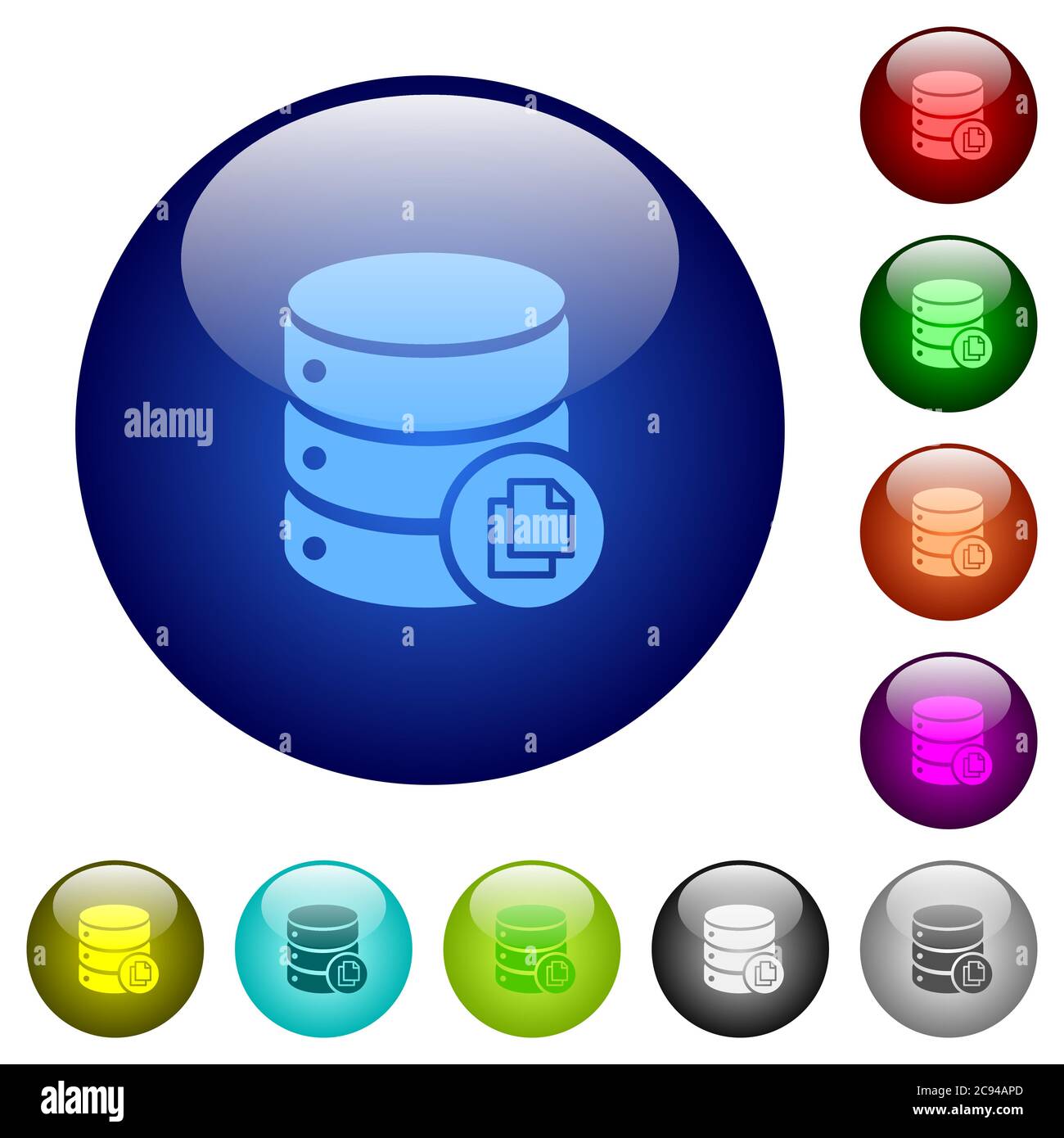 Copiare le icone del database sui pulsanti rotondi in vetro a colori Illustrazione Vettoriale