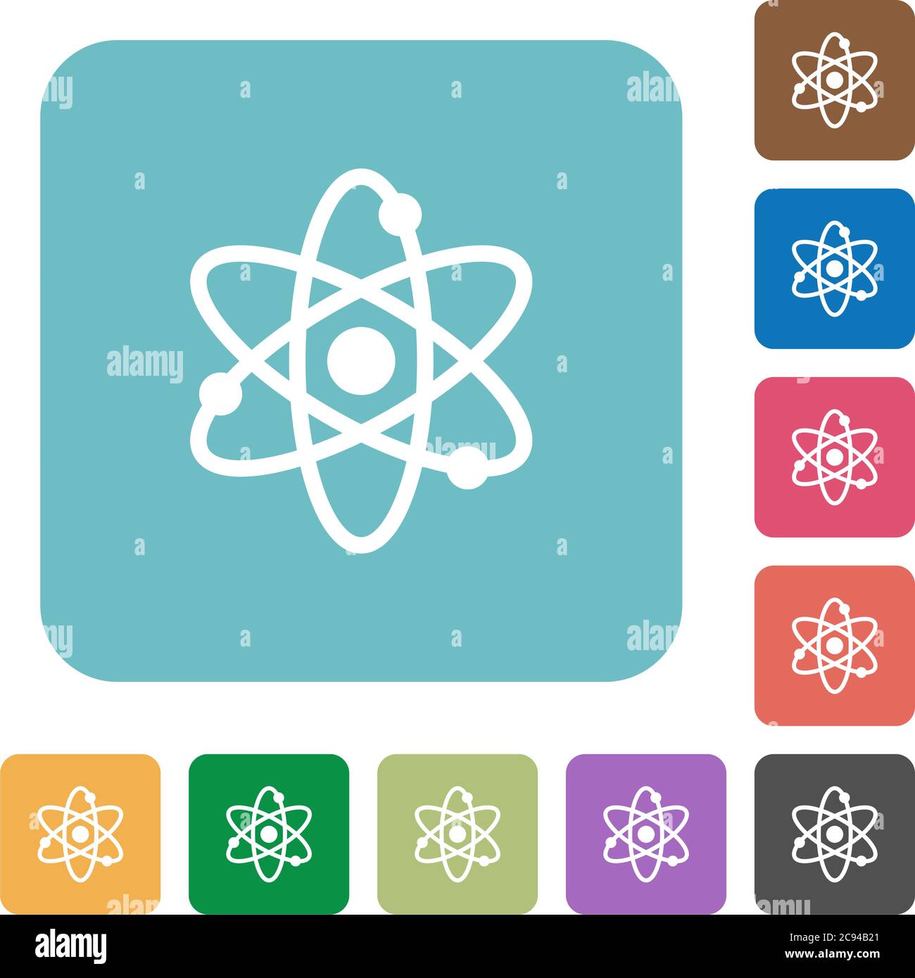 Icone piatte bianche Atom su sfondi quadrati arrotondati di colore Illustrazione Vettoriale