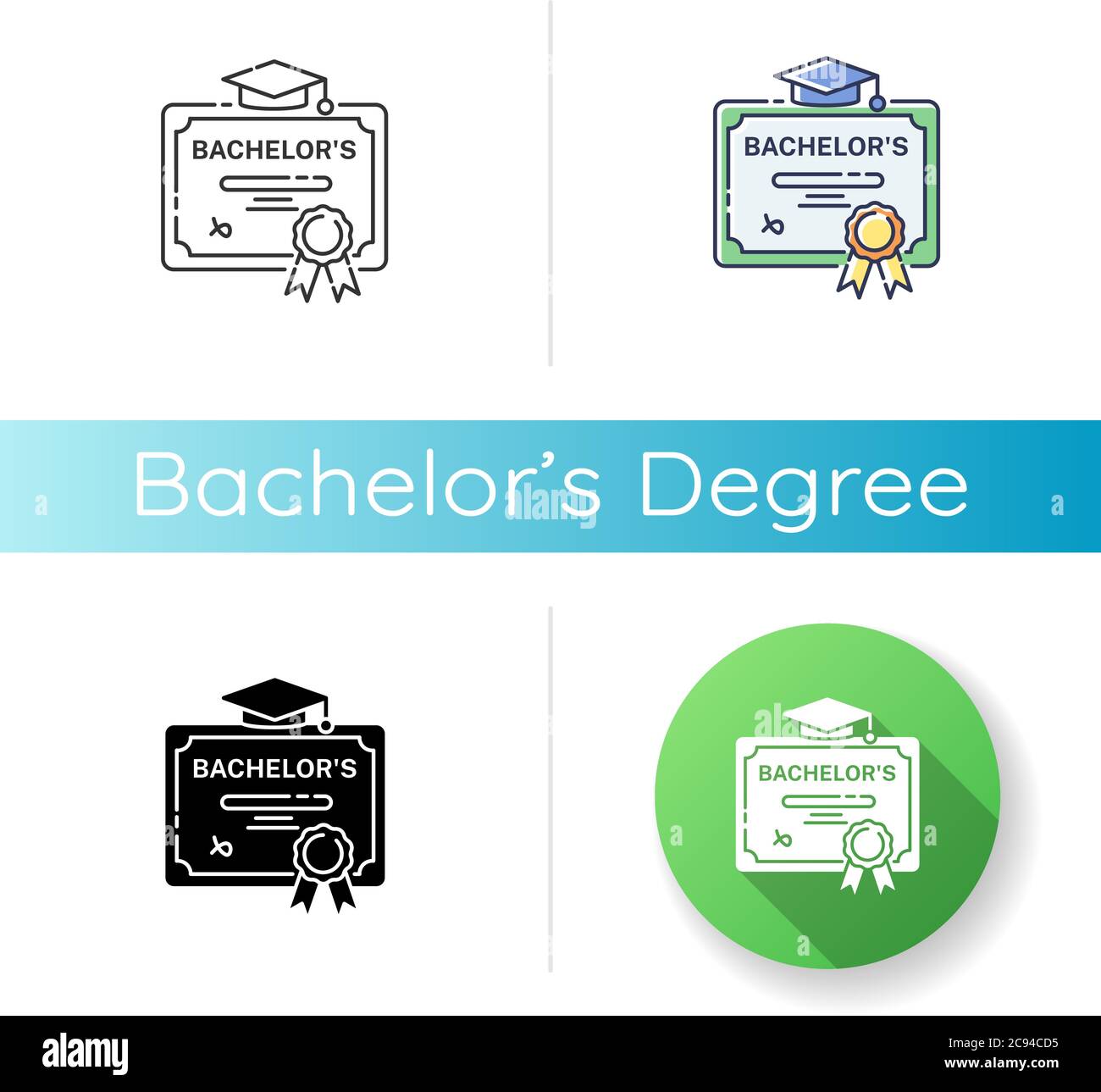 Laurea in laurea. Stili di colore nero lineare e RGB. Documento di laurea di successo. Istruzione superiore. Diploma di studente, certi accademico Illustrazione Vettoriale