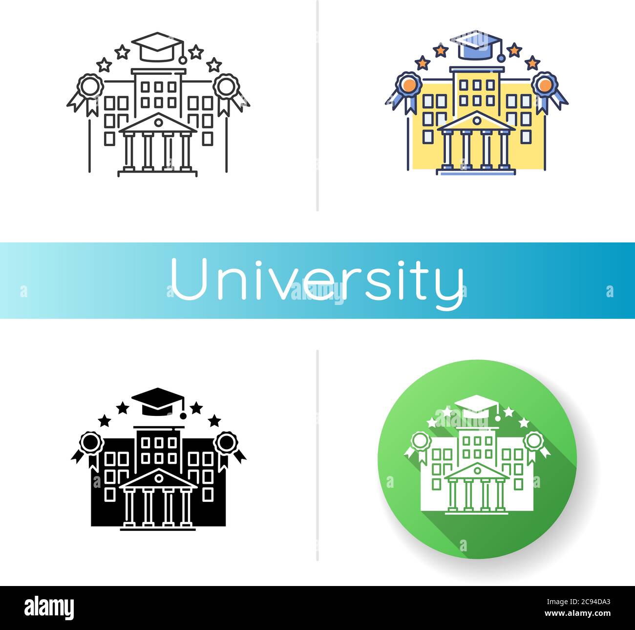 Icona Università. Stili di colore nero lineare e RGB. Istruzione superiore, stile di vita degli studenti. Istituzione accademica. Prestigioso campus universitario con m Illustrazione Vettoriale