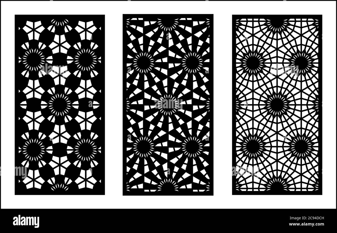 Schema laser. Set di pannelli decorativi vettoriali per taglio laser. Modello per divisorio interno in stile arabesco. Pattern laser vettoriali Illustrazione Vettoriale