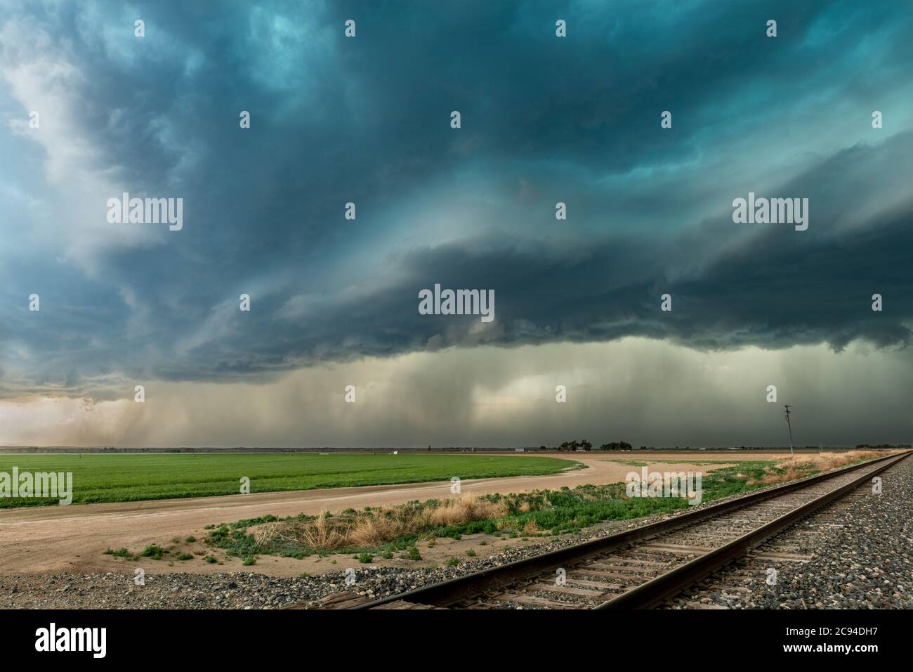 Panorama di una massiccia mesociclone tempo supercella, che è una fase pre-tornado, passa su una parte erbosa delle pianure grandi mentre provano ferocemente Foto Stock Panorama di una massiccia mesociclone tempo supercella, che è una fase pre-tornado, passa su una parte erbosa delle pianure grandi mentre provano ferocemente Foto Stock