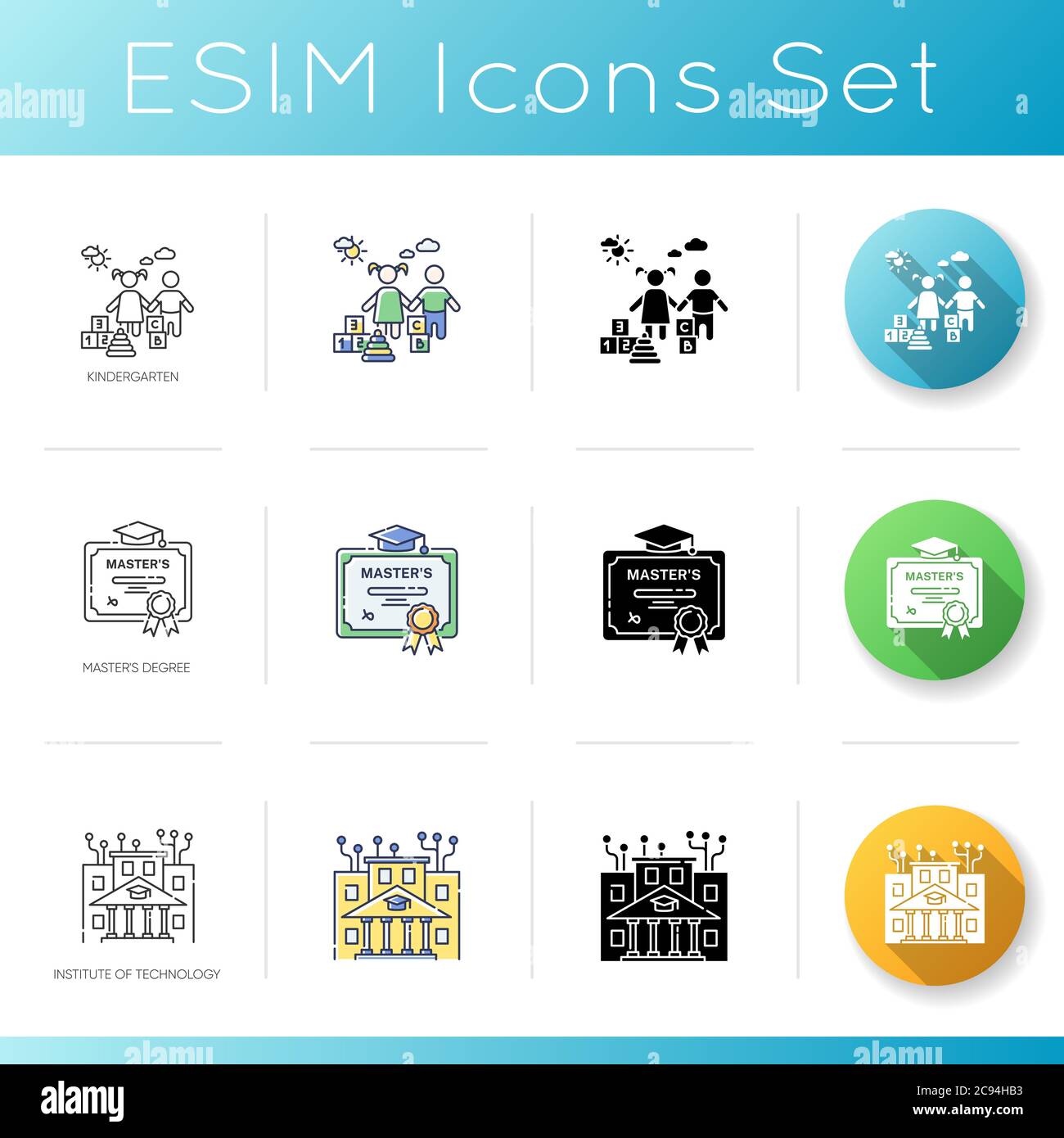 Set di icone moderne per le opportunità di apprendimento. Stili di colore lineare, nero e RGB. Scuola materna, certificato di laurea e istituto di tecnologia Illustrazione Vettoriale