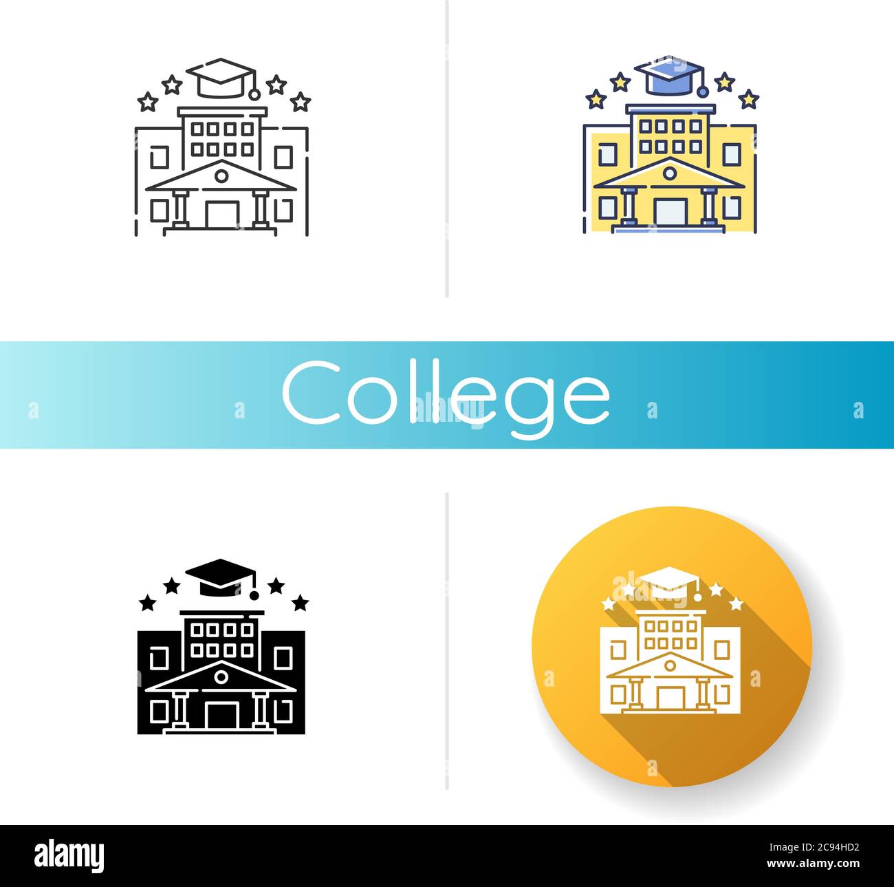 Icona College. Stili di colore nero lineare e RGB. Istruzione superiore. Istituzione accademica, prestigiosa palestra, laurea universitaria. Campus e bach Illustrazione Vettoriale