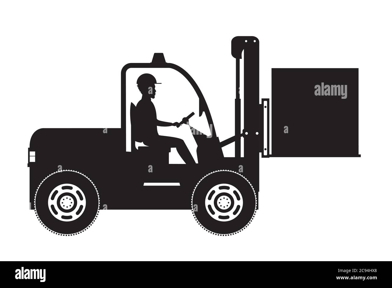 Silhouette di lavoratore di magazzino afroamericano che carica scatole di legno. Operatore carrello elevatore a forche al lavoro. Warehouse worker in stile piatto isolato su backgr bianco Illustrazione Vettoriale