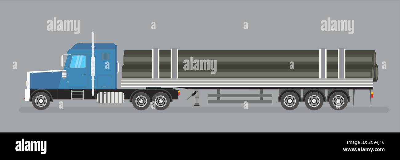 Rimorchio camion veicolo lungo.camion trasporta tubi di acciaio.Vector piatto illustrazione trendy Illustrazione Vettoriale