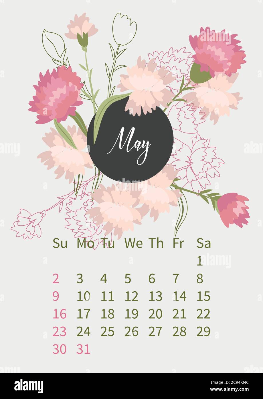 Calendario dei fiori 2021 con bouquet di fiori Illustrazione Vettoriale