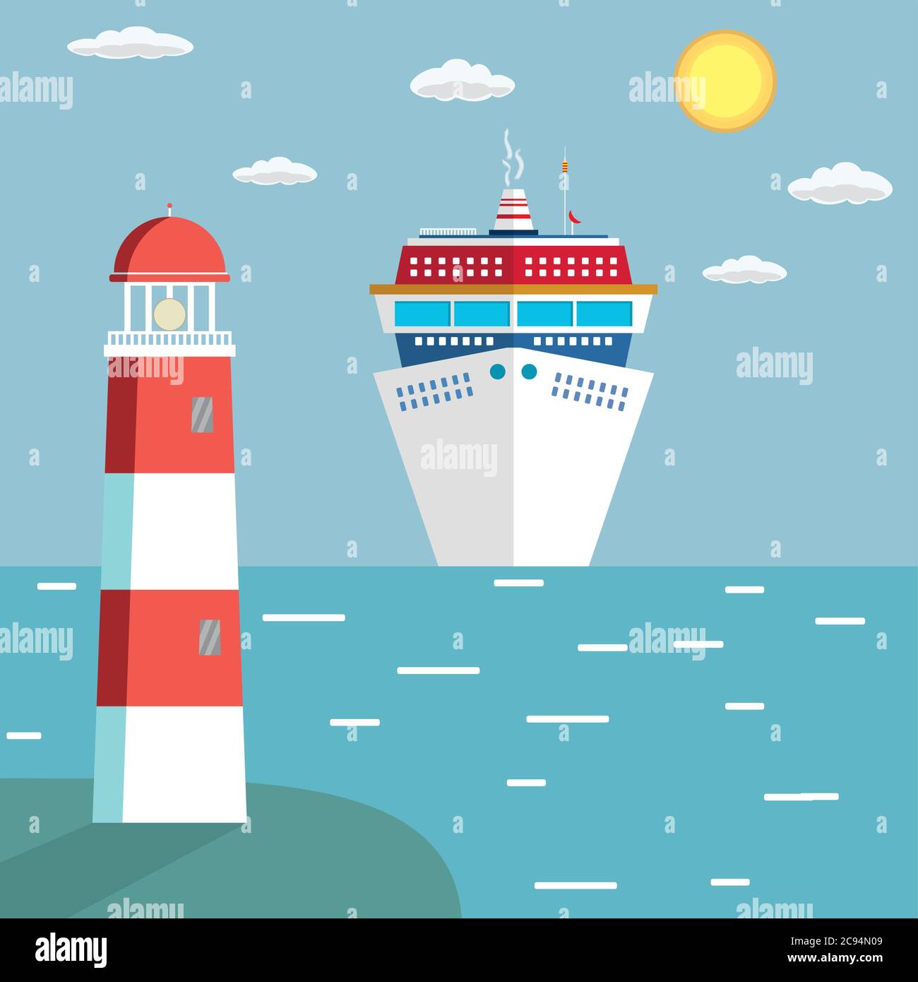 faro e nave da crociera dell'oceano, illustrazione piatta del vettore Illustrazione Vettoriale