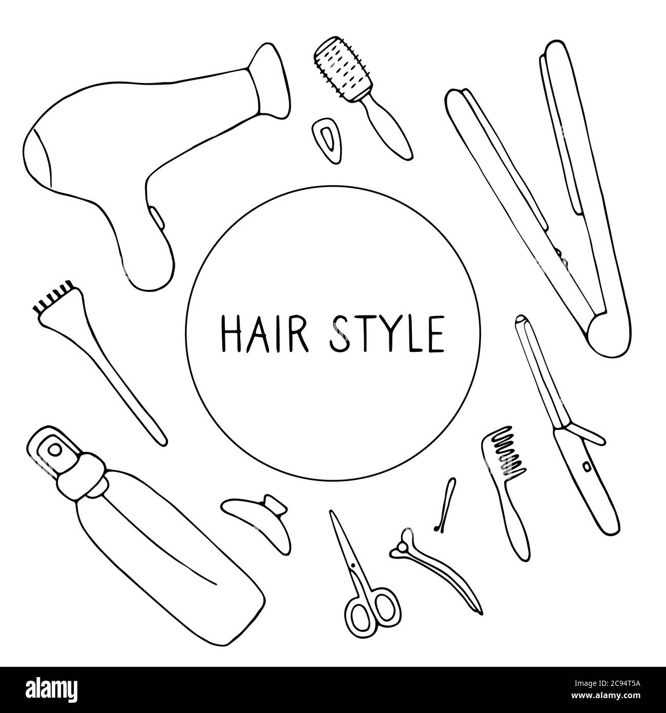 Stile dei capelli. Strumenti, dispositivi per la bellezza dei capelli. Illustrazione vettoriale disegnata a mano Illustrazione Vettoriale