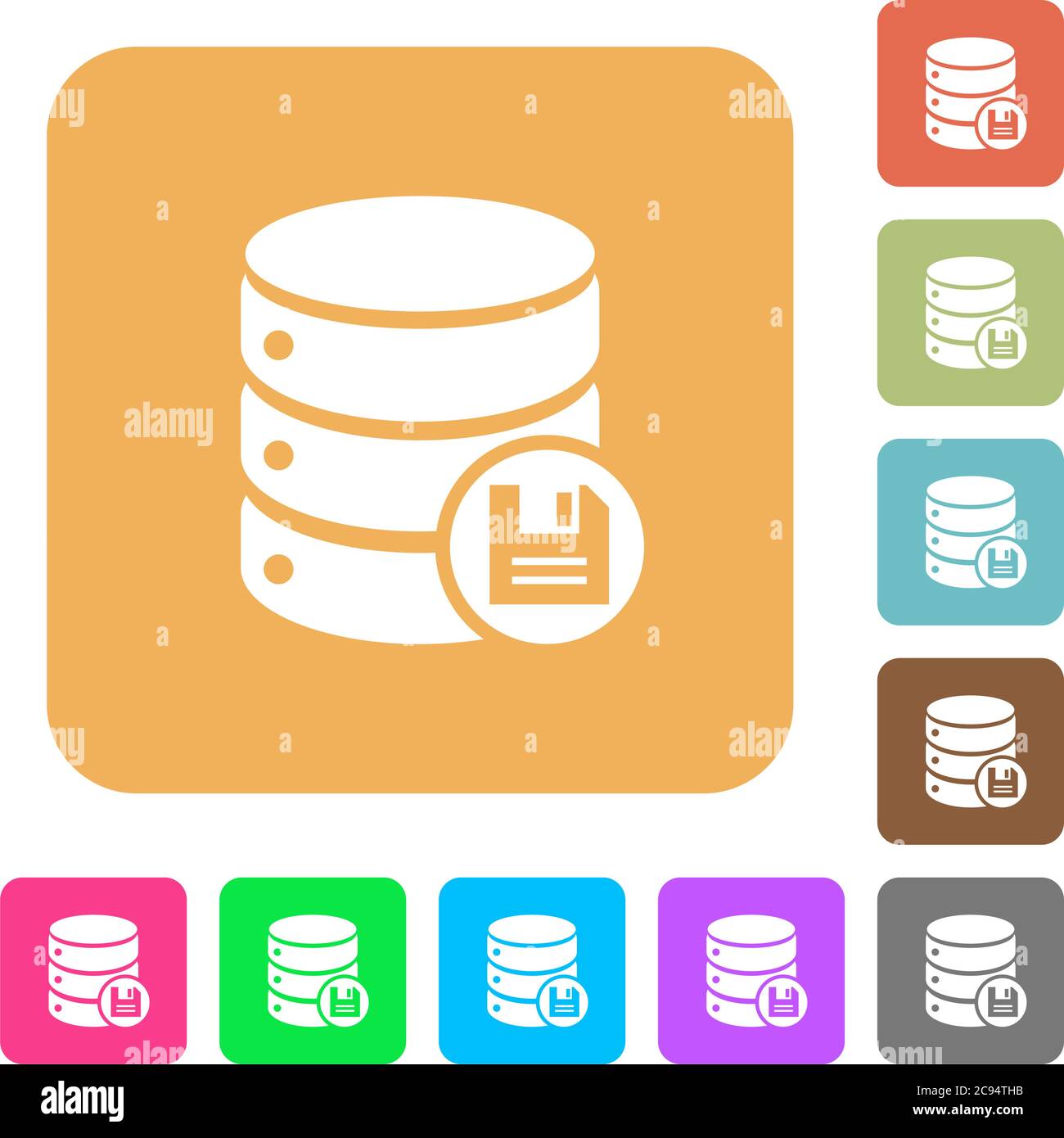 Le icone piatte del database vengono salvate su sfondi dai colori vivaci e quadrati arrotondati. Illustrazione Vettoriale