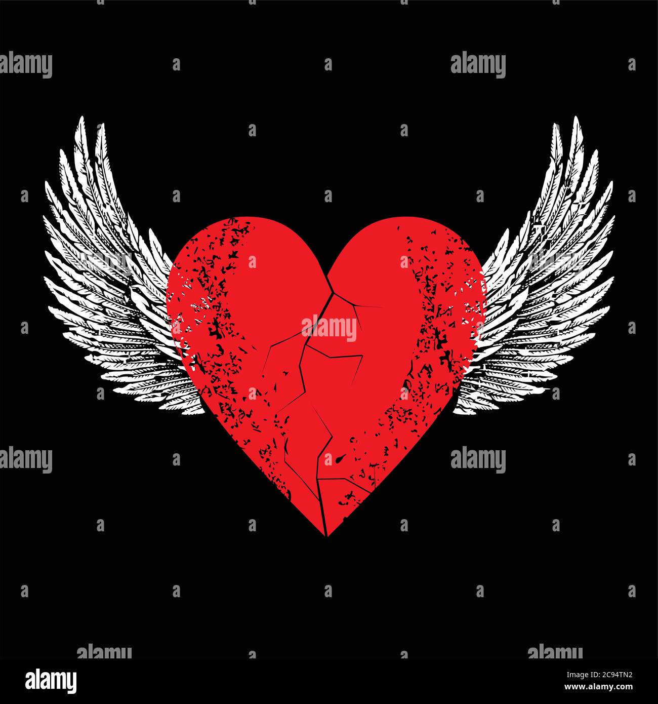 Disegno vettoriale per t-shirt di cuore rosso con ali bianche isolate su nero. Illustrazione di un cuore rotto che vola. Illustrazione Vettoriale