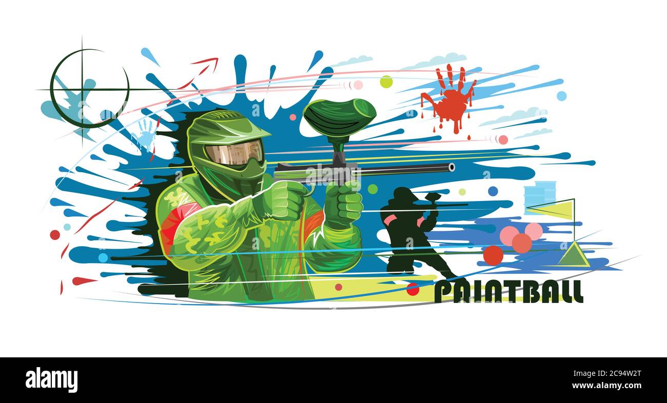 Giocatore di paintball in vettore maschera. Battaglia di squadra. Vernice a sfera. Armi in battaglia. Blot e schizzi. Banner per una maglietta bianca leggera, pubblicità. Vernice Illustrazione Vettoriale