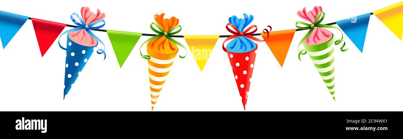 Striscione colorato con bustine di zucchero di rete. Primo giorno di festa scolastica Illustrazione Vettoriale