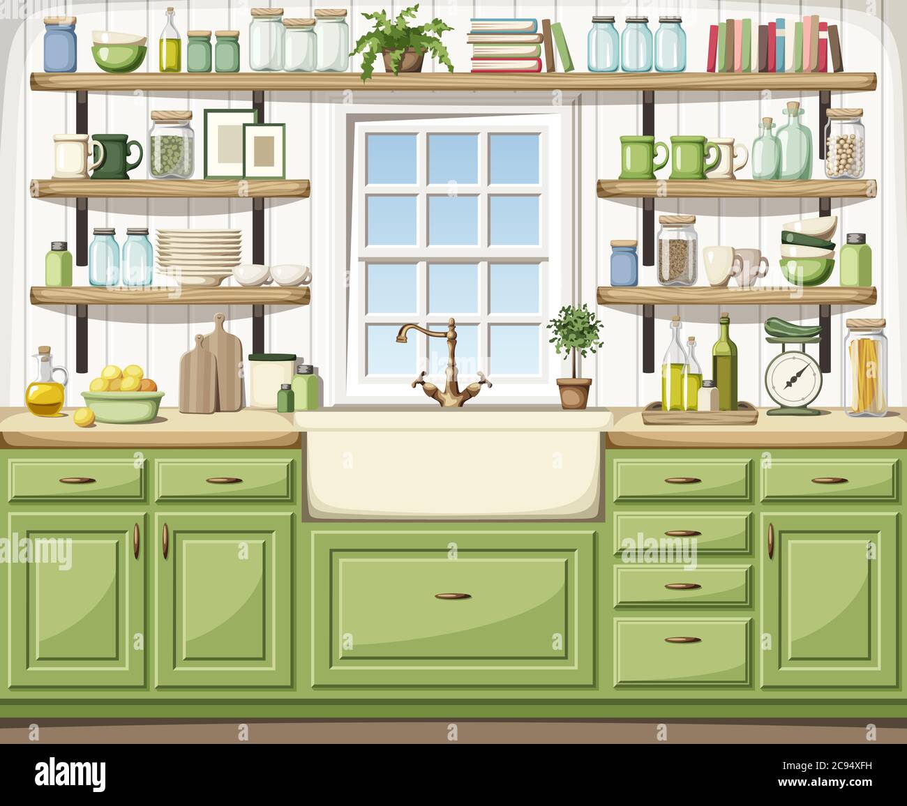 Illustrazione vettoriale di un interno di cucina con armadi verdi, un lavello, ripiani aperti, una finestra e utensili da cucina. Illustrazione Vettoriale