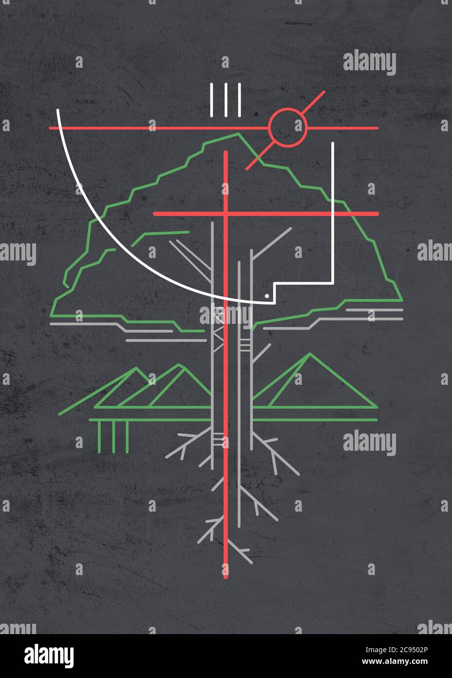 Illustrazione disegnata a mano o disegno di alcuni simboli cristiani di un albero, di montagne e dello Spirito Santo Foto Stock