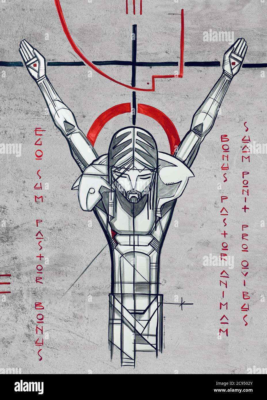 Illustrazione disegnata a mano o disegno di Gesù Cristo buon Pastore sulla Croce e una frase in latino che significa: Io sono il buon Pastore, il buon Pastore Foto Stock