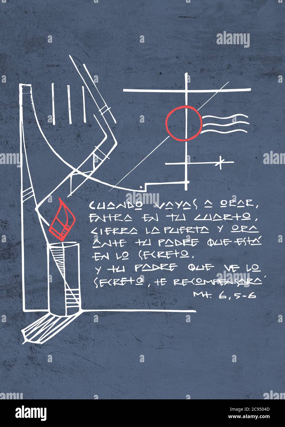 Illustrazione disegnata a mano o disegno di alcuni simboli cristiani e una frase biblica in spagnolo che significa: Quando volete pregare, andate alla vostra stanza, clos Foto Stock