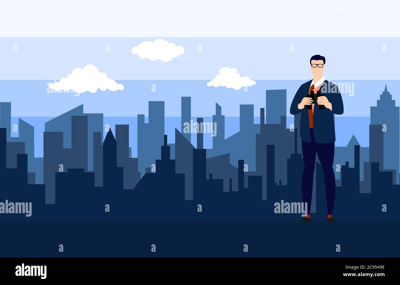 Uomo d'affari e binocolo con sfondo paesaggistico cittadino. Illustrazione Vettoriale