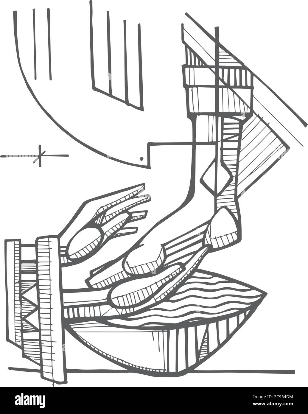 Illustrazione vettoriale disegnata a mano o disegno della scena biblica di Gesù che lavava i piedi dei suoi discepoli Illustrazione Vettoriale