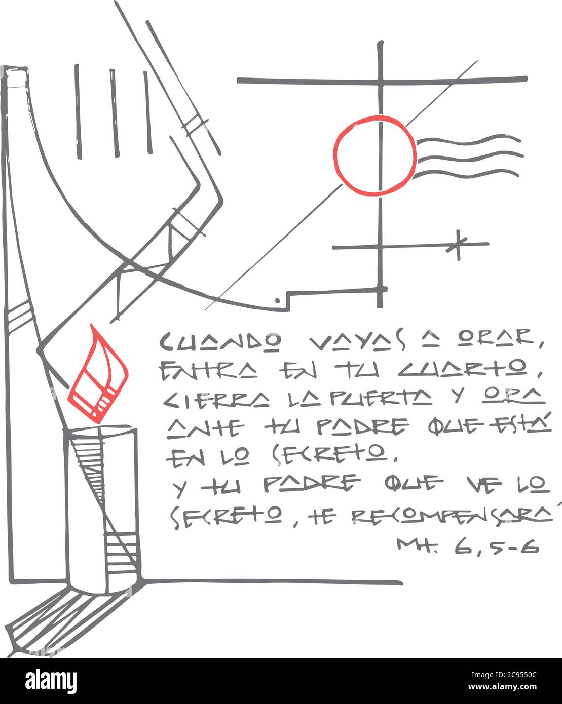 Illustrazione vettoriale disegnata a mano o disegno di alcuni simboli cristiani e una frase biblica in spagnolo che significa: Quando volete pregare, andate al vostro roo Illustrazione Vettoriale