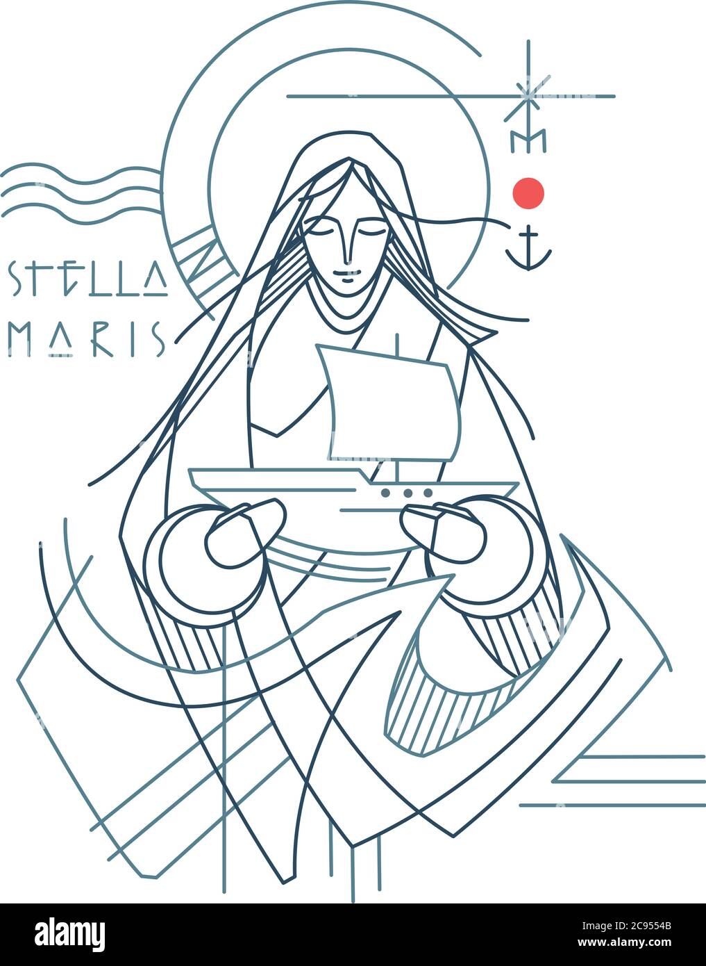 Illustrazione disegnata a mano o disegno della Vergine Maria come Stella del Mare e un testo in latino che significa: Stella del Mare Illustrazione Vettoriale