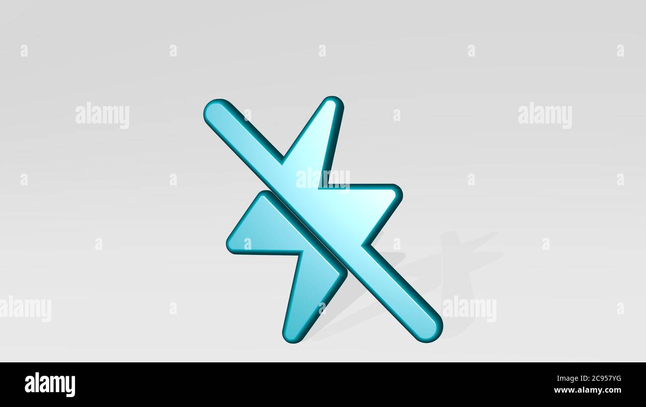 FLASH OFF stand con ombra. Illustrazione 3D di scultura metallica su sfondo bianco con texture mite, astratta e luminosa Foto Stock