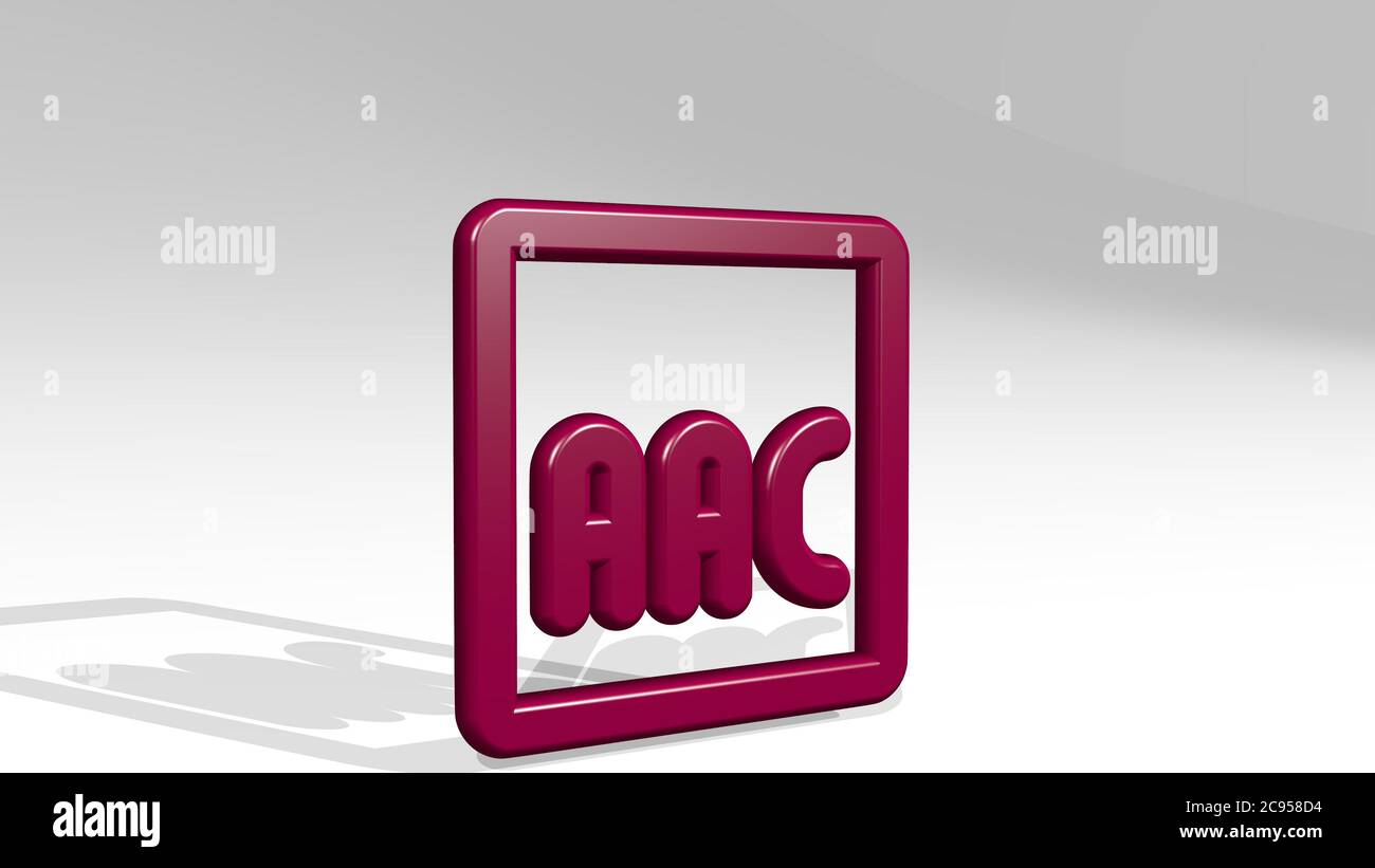 SUPPORTO AAC PER DOCUMENTI AUDIO con ombra. Illustrazione 3D di sculture metalliche su sfondo bianco con texture mite, musica e design Foto Stock