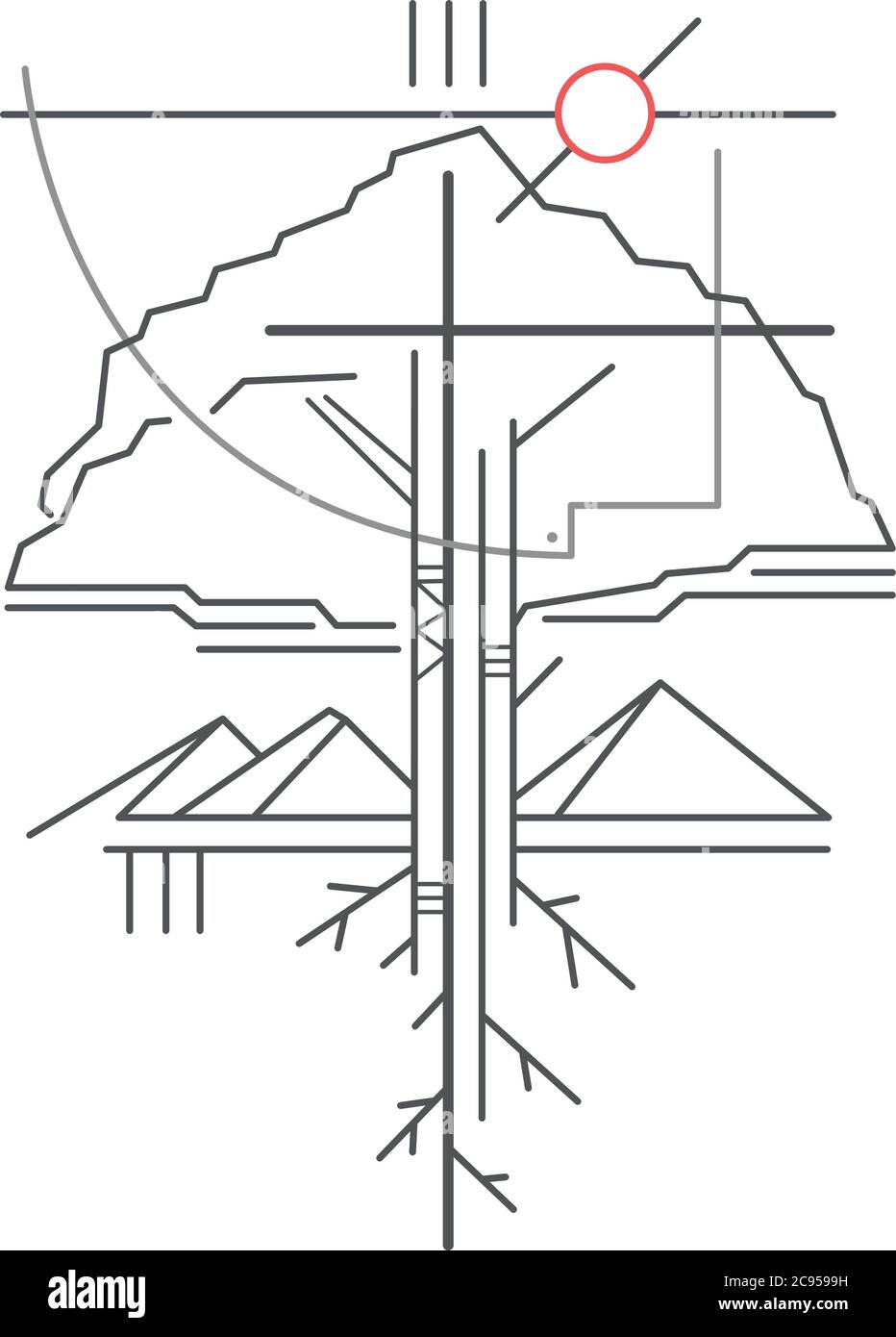 Illustrazione vettoriale disegnata a mano o disegno di alcuni simboli cristiani di un albero, montagne e Spirito Santo Illustrazione Vettoriale
