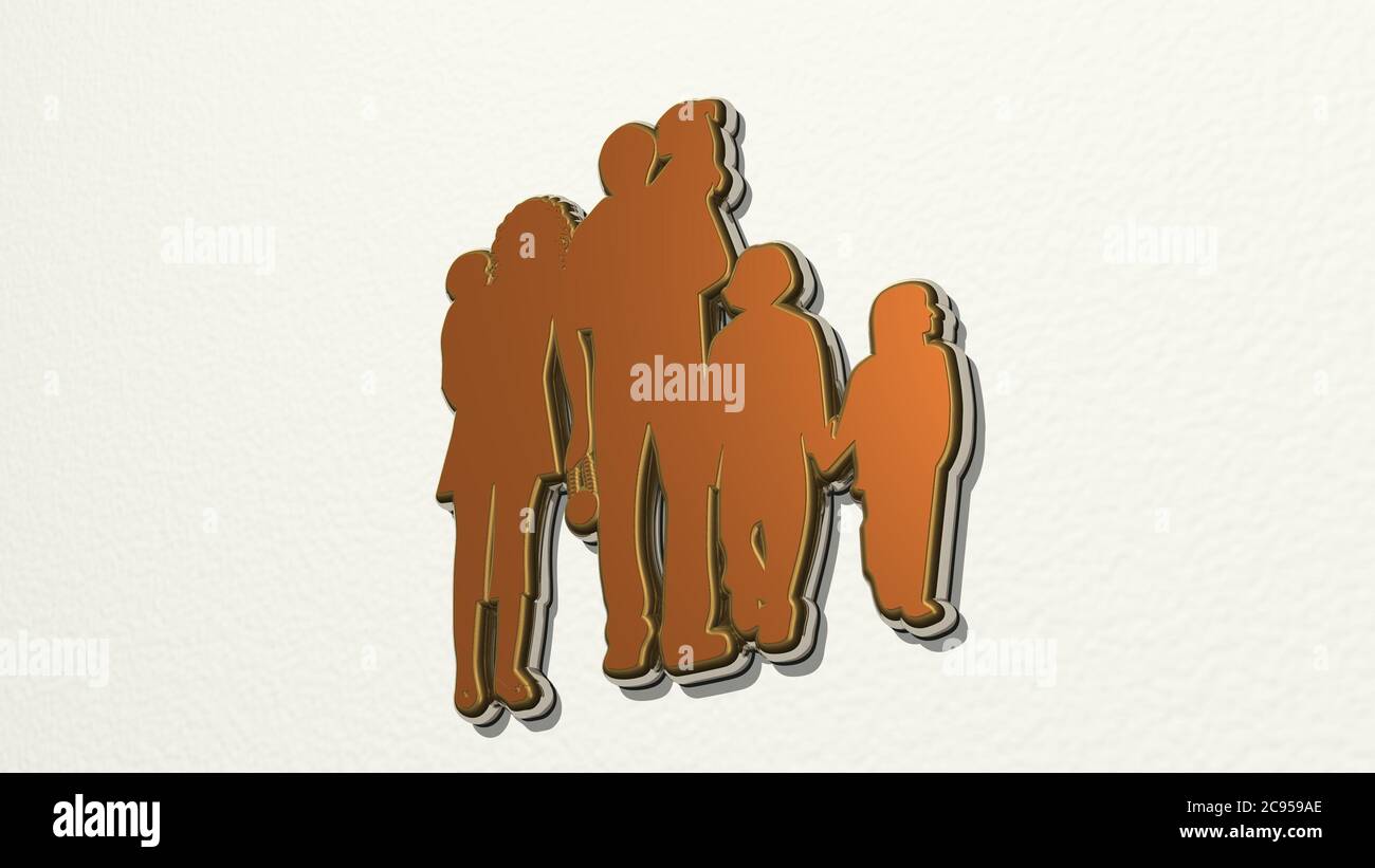 famiglia con bambini piccoli da una prospettiva sul muro. Una scultura spessa realizzata in materiali metallici di rendering 3D, felice e bella Foto Stock