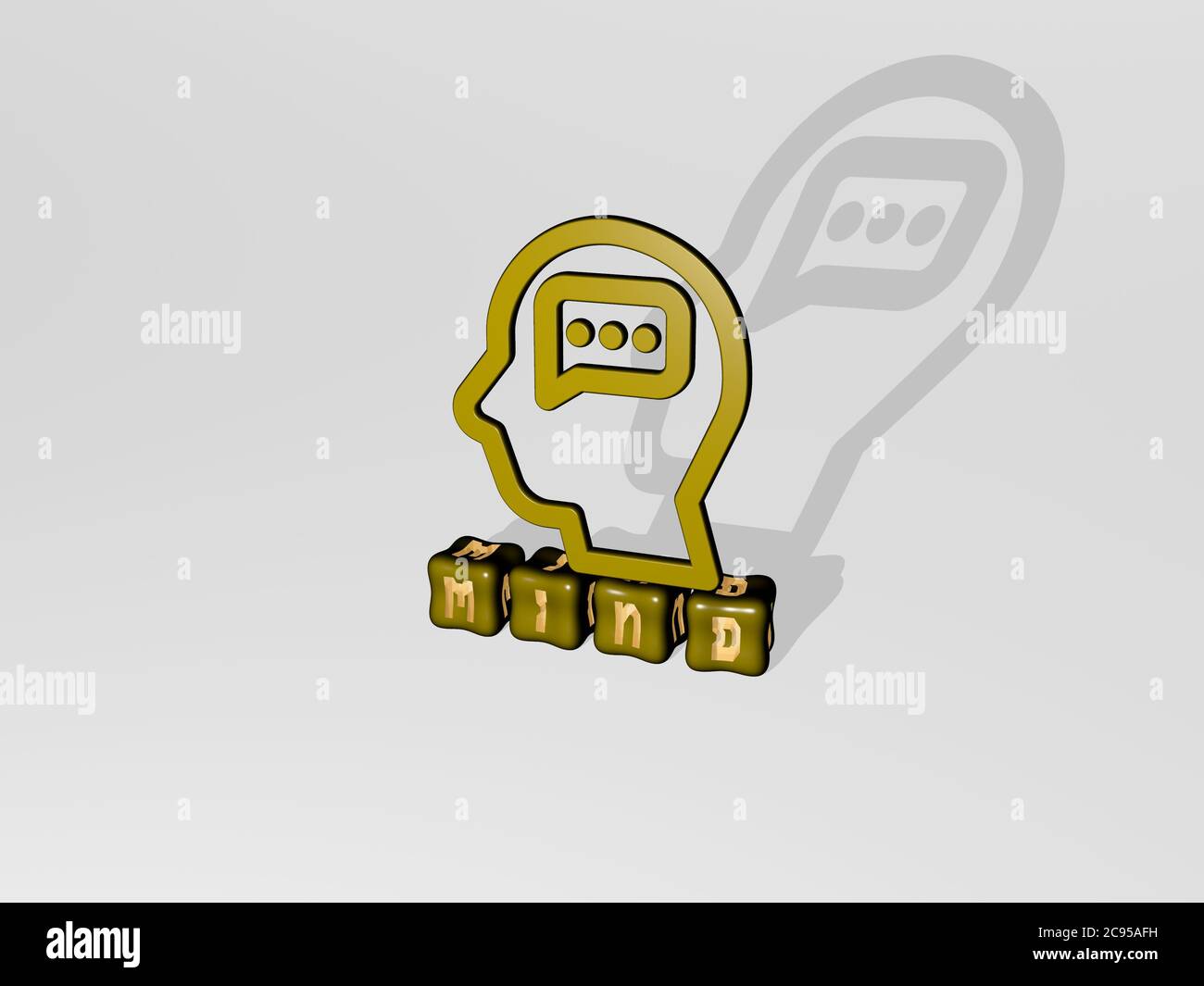 Illustrazione 3D della GRAFICA MENTALE e del testo fatto da lettere metalliche per i significati relativi del concetto e delle presentazioni. Cervello e umano Foto Stock