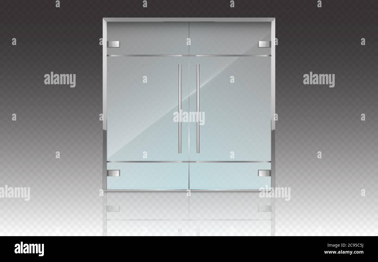 Porte doppie in vetro con telaio in metallo e maniglie. Mockup vettoriale realistico di porte chiuse isolate su sfondo trasparente. Porta di vetro, ingresso in negozio, centro commerciale o ufficio Illustrazione Vettoriale