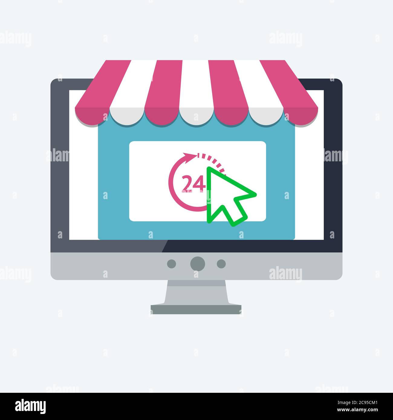 Concetto di shopping online. Illustrazione vettoriale piatta. PC moderno con la facciata del negozio online sullo schermo Illustrazione Vettoriale