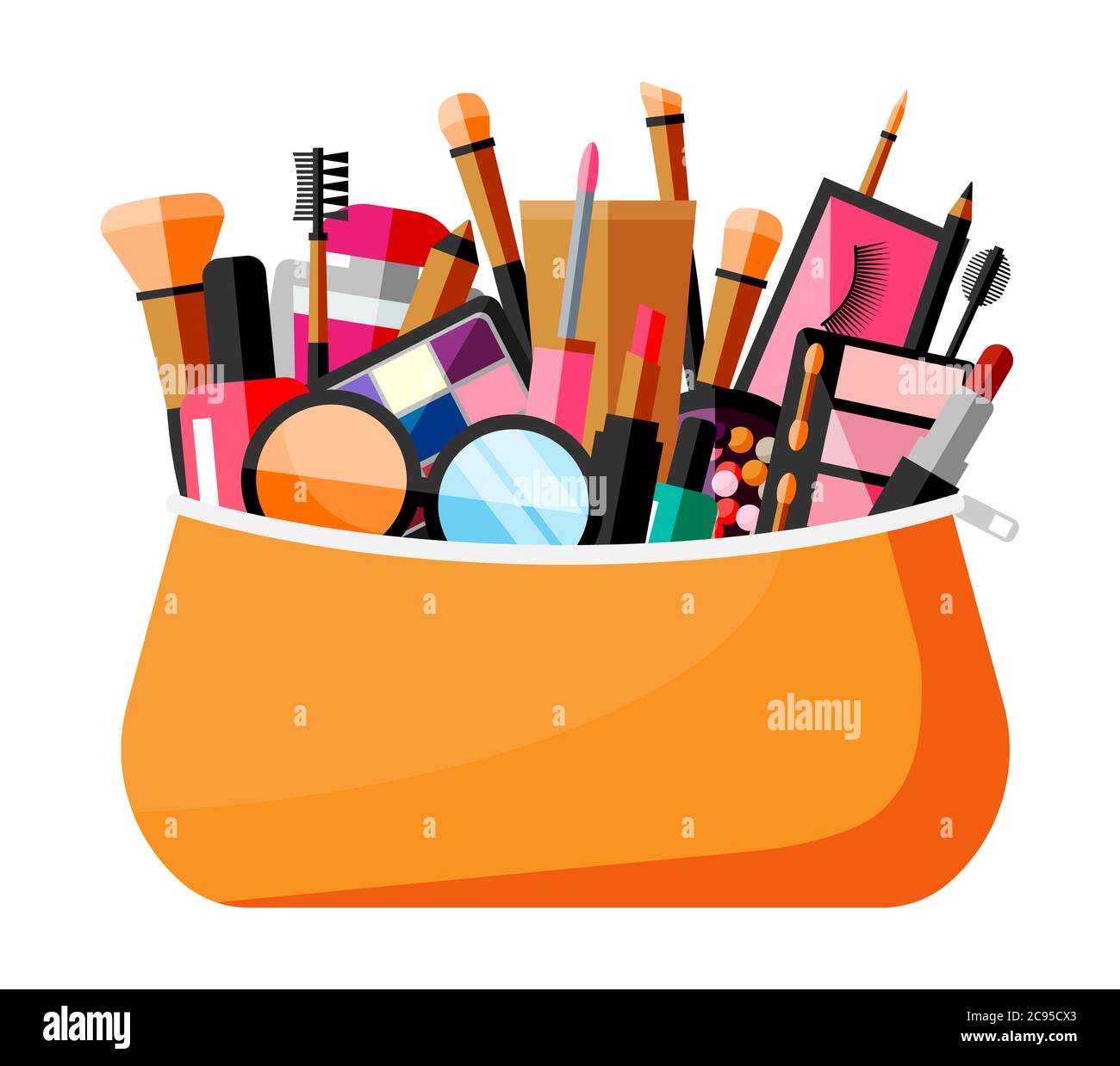 Raccolta trucco in borsa. Set di cosmetici decorativi. Negozio di make-up. Spazzole varie, profumo, mascara, lucentezza, polvere, rossetto e arrossamento. Bellezza e moda. Illustrazione vettoriale piatta Cartoon Illustrazione Vettoriale