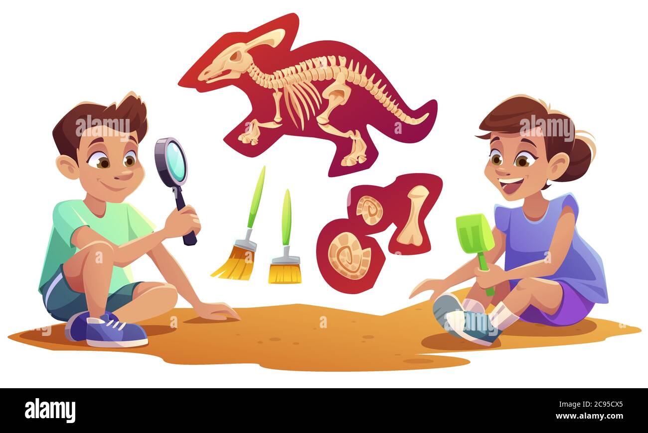 Bambini che giocano in archeologi che lavorano su scavi paleontologici scavando terreno con pala ed esplorando manufatti con lente d'ingrandimento. I bambini studiano i fossili dei dinosauri. Illustrazione vettoriale dei cartoni animati Illustrazione Vettoriale