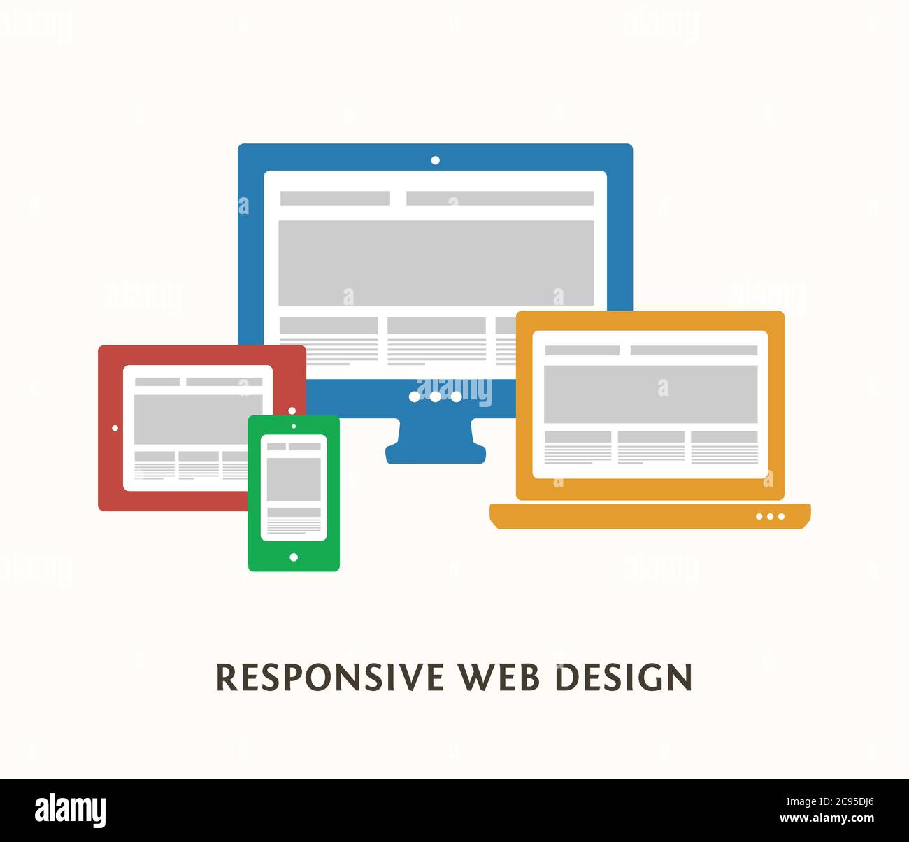 Illustrazione del design Web reattiva con icone di smartphone, computer desktop, notebook e tablet PC e sito Web sugli schermi. Illustrazione vettoriale piatta Illustrazione Vettoriale